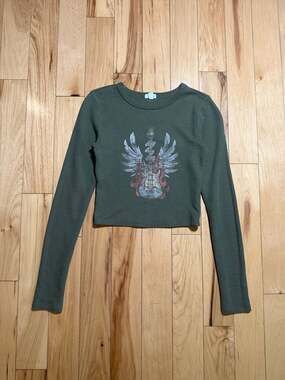 Garage Olive Green Waffle Knit Long Sleeve Graphic Crop Top